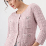 Elegant Pink Textured Knit Cardigan
